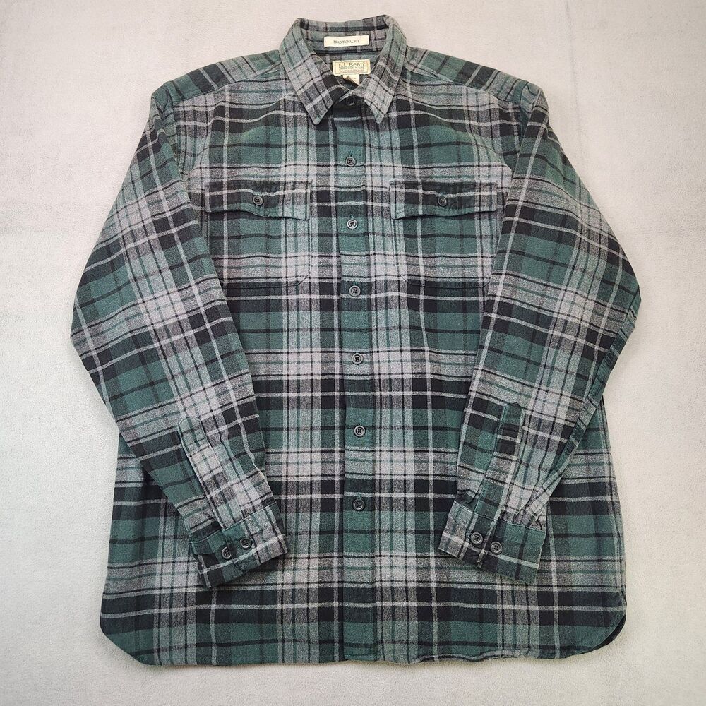 L.L. Bean Chamois Cloth Flannel Shirt Men's L Plaid Heavy Cotton Traditional Fit